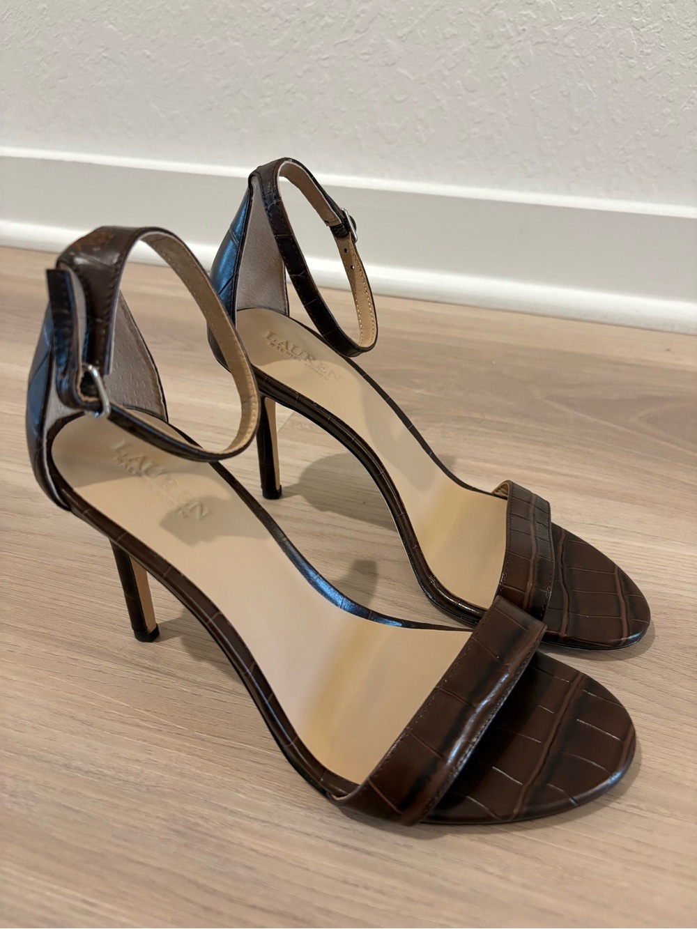Lauren Ralph Lauren Brown Croc-Embossed Ankle-Strap Stiletto Sandals